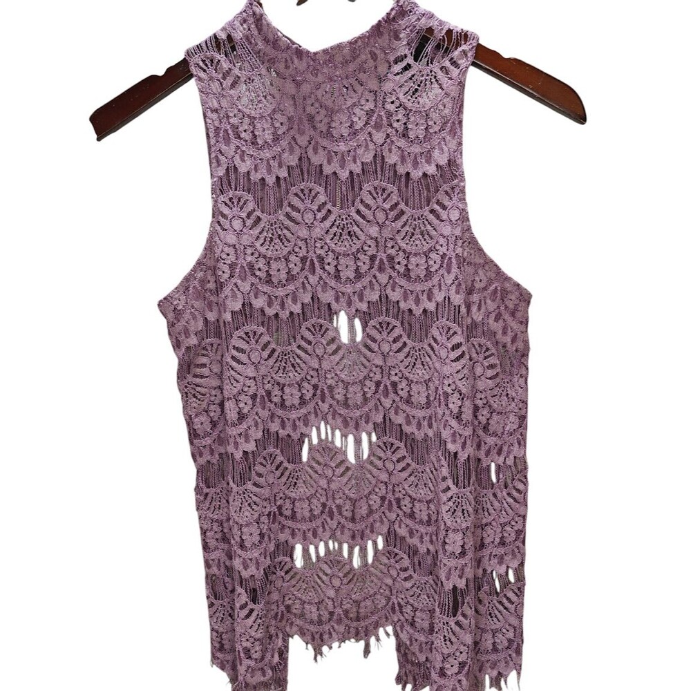 Women’s Purple Lilac Lace Sleeveless Top M Boho Festival Sheer Crochet Scallop